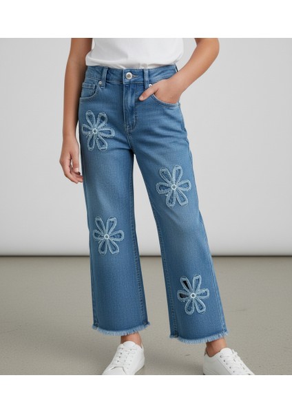 Çiçek Nakışlı Püsküllü Salaş Kot Pantolon Kız Çocuk
