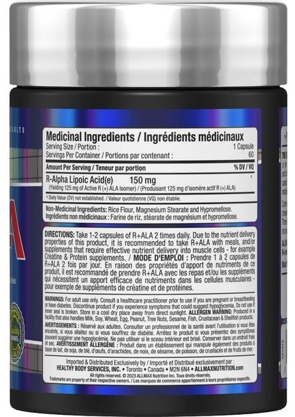R+Ala 150 Mg R-Alpha Lipoic Acid Yielding 125 Mg Of Active R (+) Ala Isomer R+Alfa Lipoik Asit
