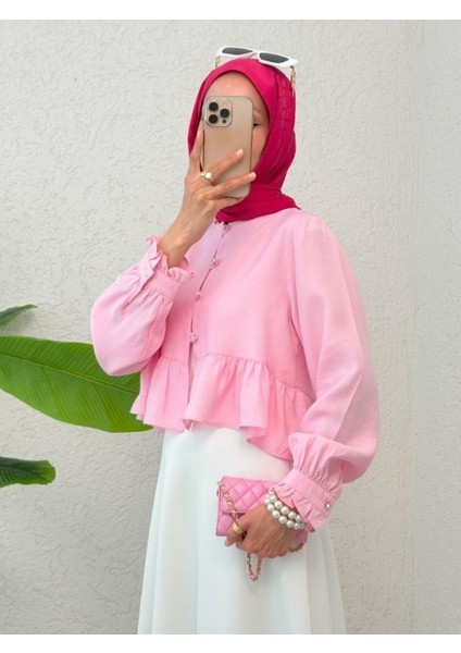 Eteği ve Kolu Fırfırlı Taşlı Düğmeli Modal Kumaş Gömlek -Pembe
