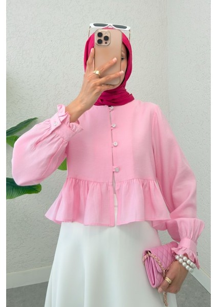 Eteği ve Kolu Fırfırlı Taşlı Düğmeli Modal Kumaş Gömlek -Pembe fiyatları