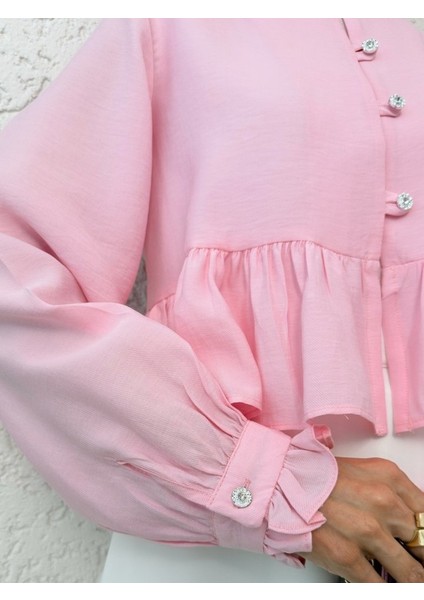 Eteği ve Kolu Fırfırlı Taşlı Düğmeli Modal Kumaş Gömlek -Pembe modelleri