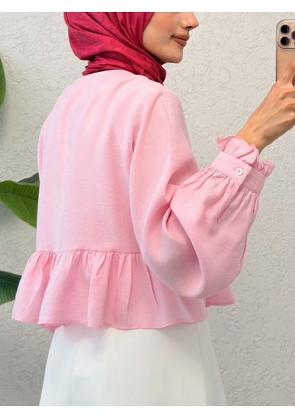 Eteği ve Kolu Fırfırlı Taşlı Düğmeli Modal Kumaş Gömlek -Pembe fırsatları