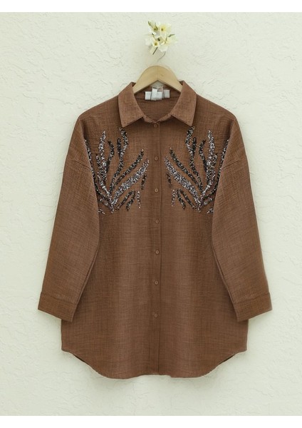 Önü Pul Payetli Uzun Gömlek -Kahve