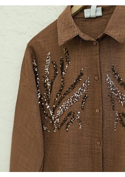 Önü Pul Payetli Uzun Gömlek -Kahve fiyatları