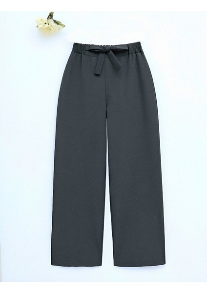 Duble Kumaş Beli Kuşaklı Bol Paça Pantolon -Füme