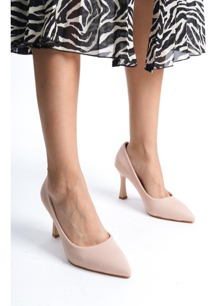 Ten Rengi Çizgili Kadın Topuklu Ayakkabı