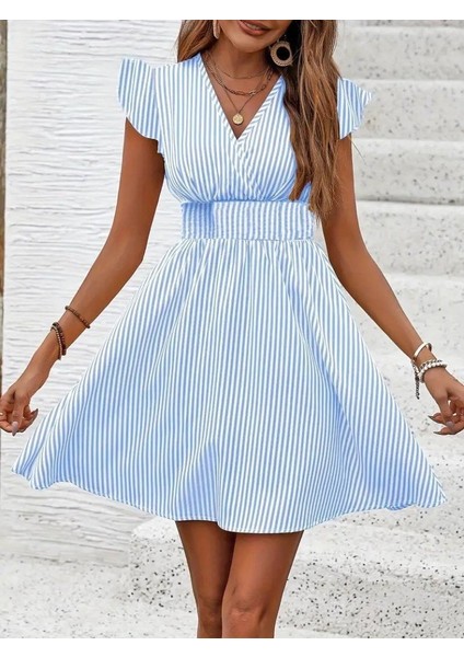 Kadın Kısa Kollu Kruvaze Yakalı Poplin Elbise