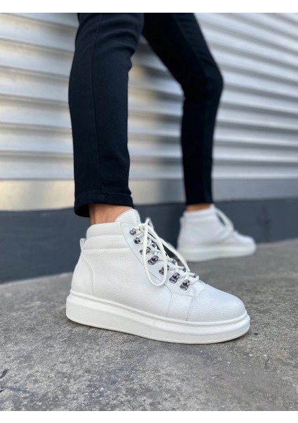 JY206 Ottawa Bağcıklı Ortopedik Taban Cilt Erkek Spor Bot Cbt - Beyaz