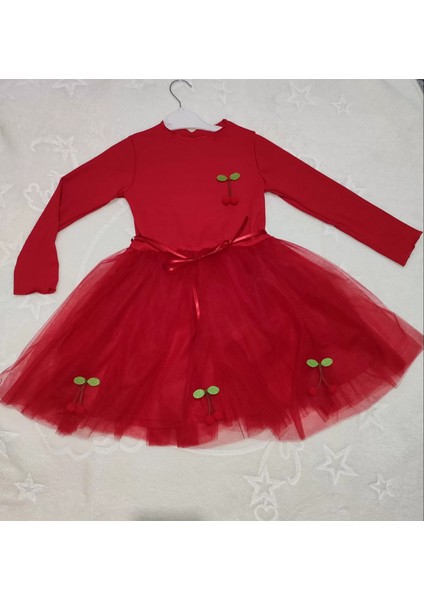 5-6-7 Yaş Kiraz Desenli Kurdela Kuşaklı Astarlı Uzun Kollu Kız Çocuk Tütü Elbise Kırmızı fiyatları