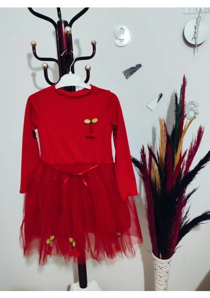 5-6-7 Yaş Kiraz Desenli Kurdela Kuşaklı Astarlı Uzun Kollu Kız Çocuk Tütü Elbise Kırmızı modelleri