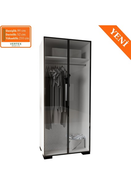 Floransa Alüminyum Cam Kapak 2 Kapılı Beyaz-Antrasit Gardırop