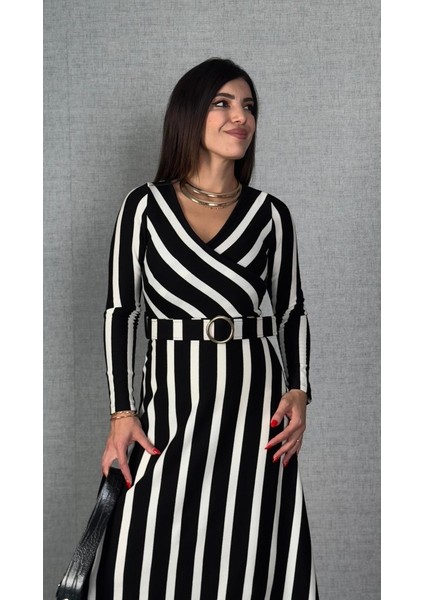 Kadın Uzun Kollu Kruvaze Yaka Kemer Dahil Çizgili Triko Elbise fiyatları