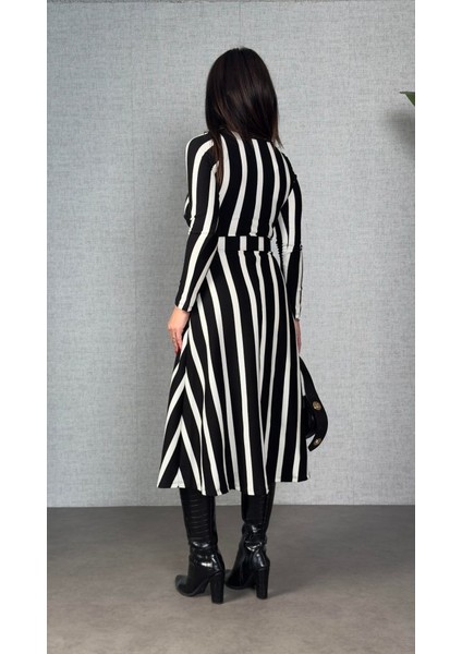 Kadın Uzun Kollu Kruvaze Yaka Kemer Dahil Çizgili Triko Elbise fırsatları