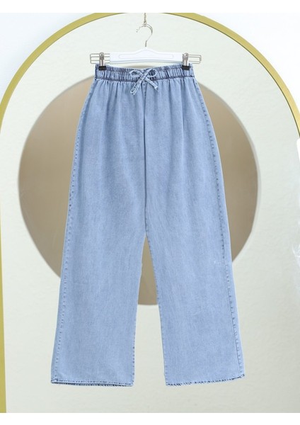 Bol Paça Beli Lastikli Bağcık Detaylı Kot Pantolon -Buz Mavi