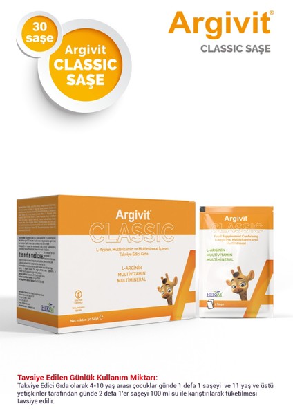 Classic 30'lu Şase, L-Arjinin, Multivitamin ve Multimineral Içeren Takviye Edici Gıda