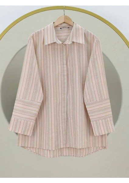 Arkası Uzun Kabartma Çizgili Oversize Gömlek -Vizon