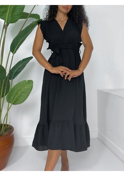 Omuzları Fırfırlı Sıfır Kol Beli Lastikli Bağcıklı Ayrobin Elbise -Siyah fiyatları
