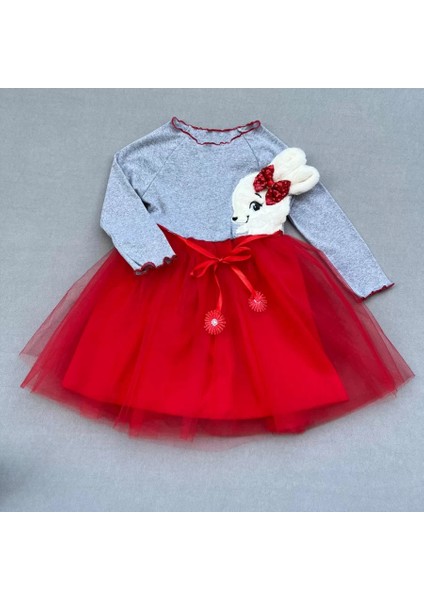 5-6-7 Yaş Pelüş Tavşan Desenli Kurdela Kuşaklı Astarlı Kız Çocuk Tütü Elbise Kırmızı