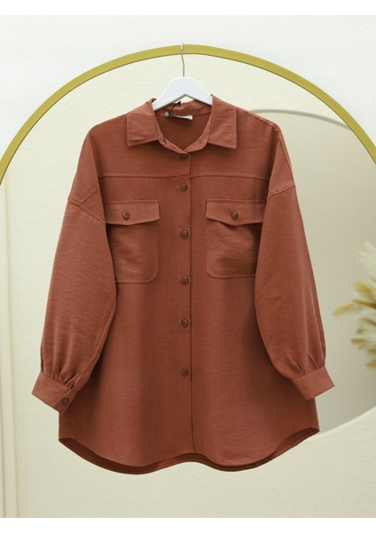 Çift Cepli Boydan Düğmeli Gömlek -Kiremit