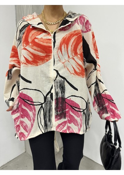 Desenli Fermuarlı Sabit Kapşonlu Keten Ceket -Turuncu