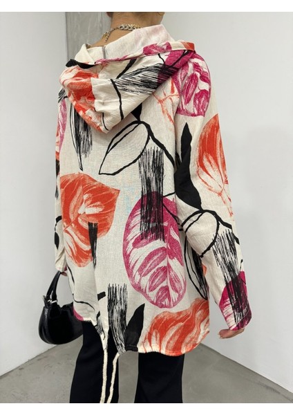 Desenli Fermuarlı Sabit Kapşonlu Keten Ceket -Turuncu modelleri