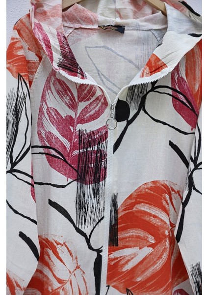 Desenli Fermuarlı Sabit Kapşonlu Keten Ceket -Turuncu indirimleri