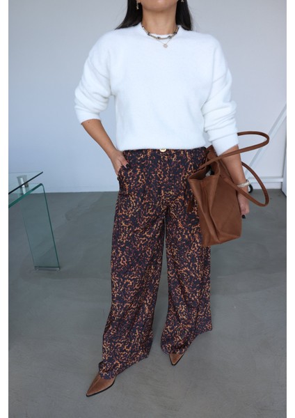 Gold Düğmeli Karışık Desenli Palazzo Pantolon modelleri