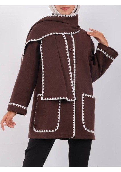 Önü Düğmeli Atkılı Cepli Ceket -Kahve