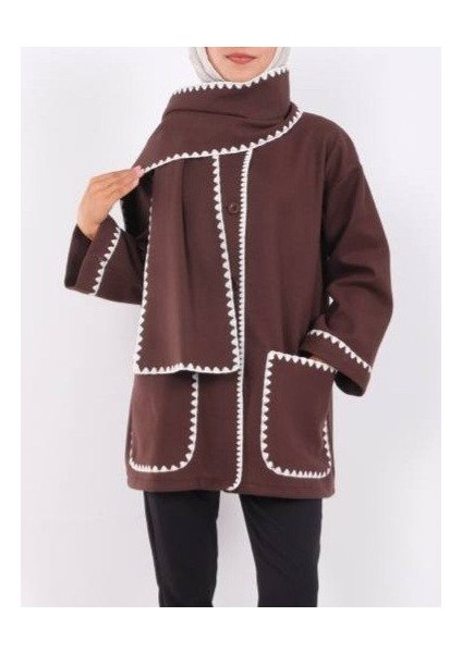 Önü Düğmeli Atkılı Cepli Ceket -Kahve modelleri