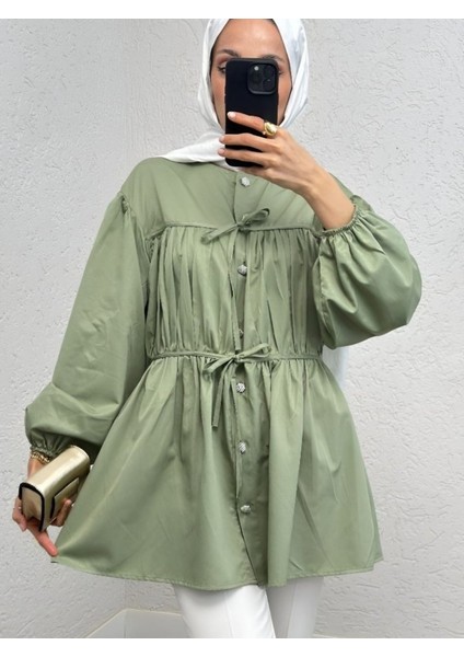 Taşlı Düğmeli Kolu Lastikli Bağlama Detaylı Gömlek -Su Yeşili