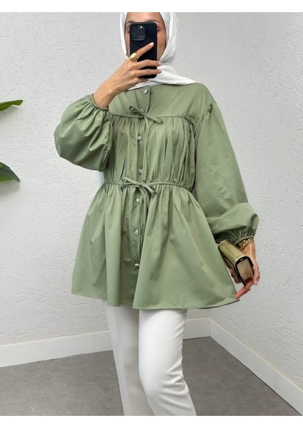 Taşlı Düğmeli Kolu Lastikli Bağlama Detaylı Gömlek -Su Yeşili fiyatları