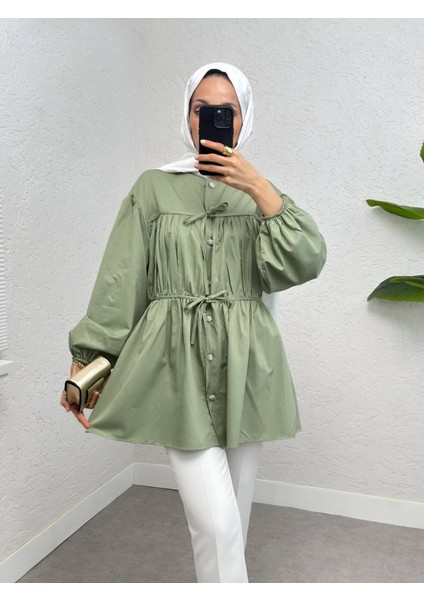 Taşlı Düğmeli Kolu Lastikli Bağlama Detaylı Gömlek -Su Yeşili modelleri