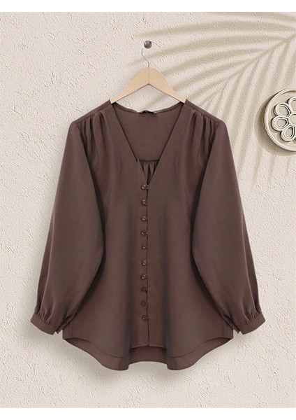 V Yaka Düğmeli Arkası Uzun Gömlek -Kahve