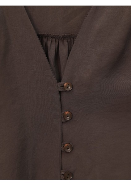 V Yaka Düğmeli Arkası Uzun Gömlek -Kahve modelleri