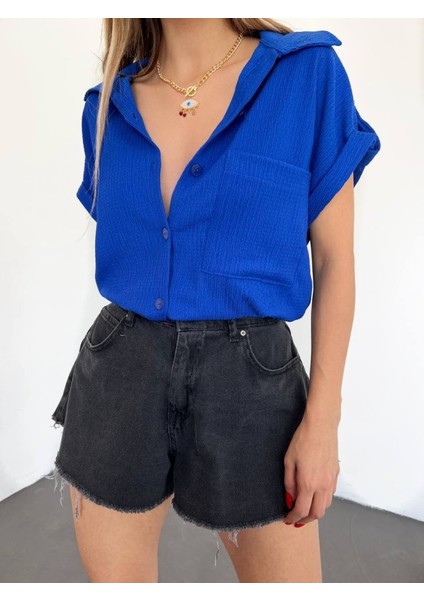 Duble Kol Tek Cepli Bürümcük Gömlek -Saks