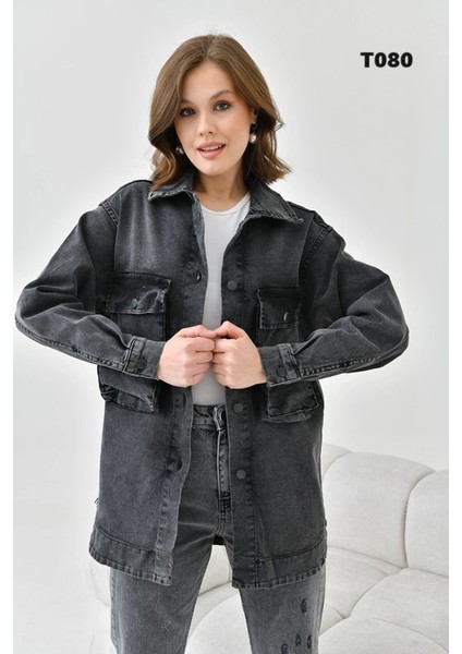 Kadın Kot Ceket Çift Cep Uzun Kadın Kot Ceket Antrasit - T080