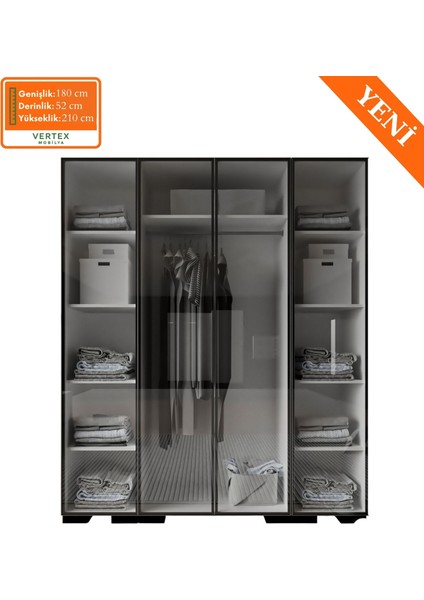 Floransa Alüminyum Cam Kapak 4 Kapılı Beyaz-Antrasit Çok Raflı Gardırop