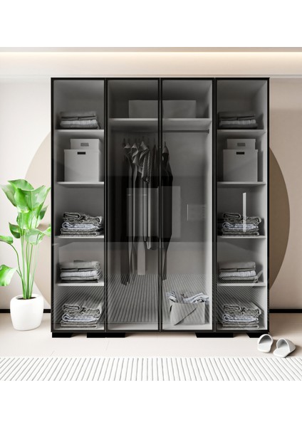 Floransa Alüminyum Cam Kapak 4 Kapılı Beyaz-Antrasit Çok Raflı Gardırop modelleri