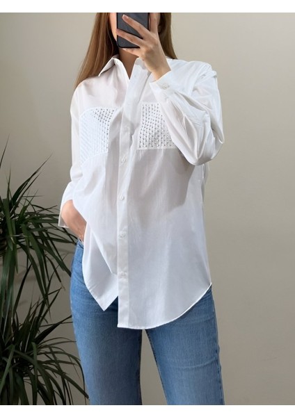 Cebi Taşlı Poplin Gömlek -Beyaz