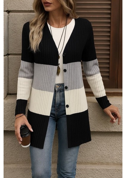 Kadın Uzun Kollu Çok Renkli Önden Düğmeli Uzun Ceket