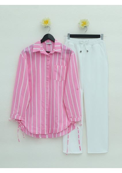 Yandan Bağlamalı Cepli Çizgili Gömlek -Pembe
