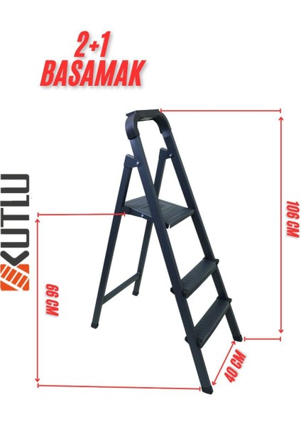 2+1 Basamaklı Katlanır Sac Merdiven – Dayanıklı Çelik Gövde, Kaymaz Basamaklı, Ev ve Ofis Kullanımına Uygun