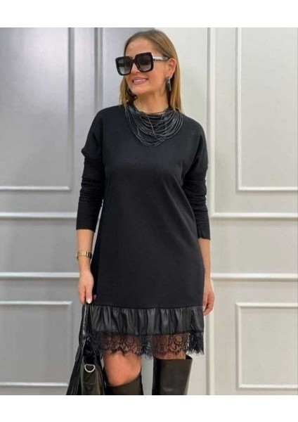 Kadın Uzun Kollu Bisiklet Yaka Etek Ucu Deri Dantelli Viskon Iki Iplik Midi Elbise