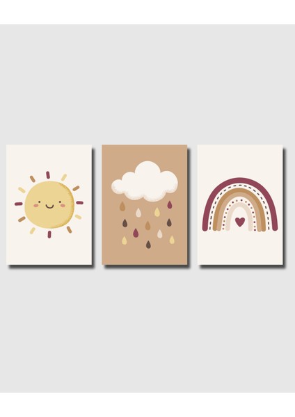 Çerçevesiz Poster | Çocuk Odası 3'lü Poster Seti,çocuk Odası Duvar Dekoru, Güneş,gökkuşağı,bulut Posteri