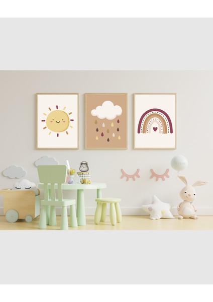 Çerçevesiz Poster | Çocuk Odası 3'lü Poster Seti,çocuk Odası Duvar Dekoru, Güneş,gökkuşağı,bulut Posteri