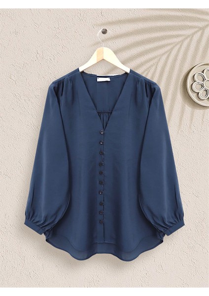 V Yaka Düğmeli Arkası Uzun Gömlek -Laci