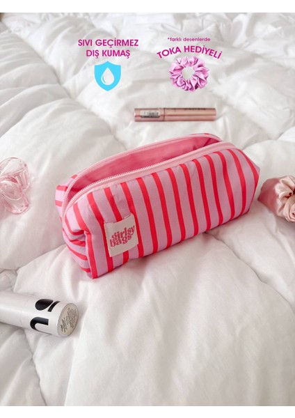 Pembe Çizgili Tek Gözlü Kalemlik Sıvı Geçirmez Yıkanabilir Fermuarlı Okul Kalem Kutusu