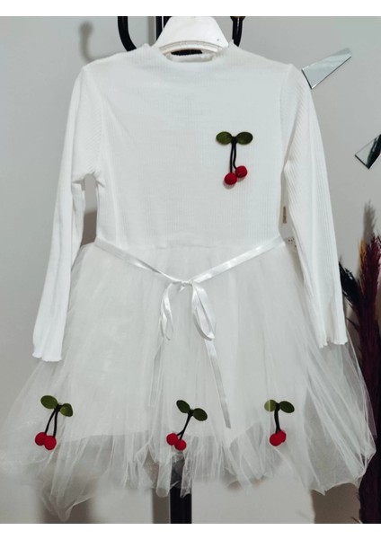 5-6-7 Yaş Kiraz Desenli Kurdela Kuşaklı Astarlı Uzun Kollu Kız Çocuk Tütü Elbise Beyaz modelleri