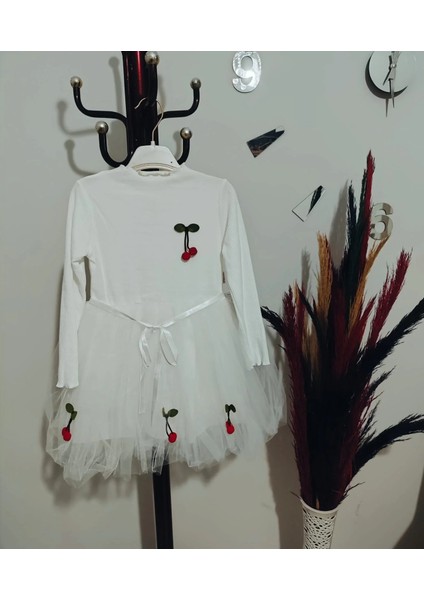 5-6-7 Yaş Kiraz Desenli Kurdela Kuşaklı Astarlı Uzun Kollu Kız Çocuk Tütü Elbise Beyaz fırsatları