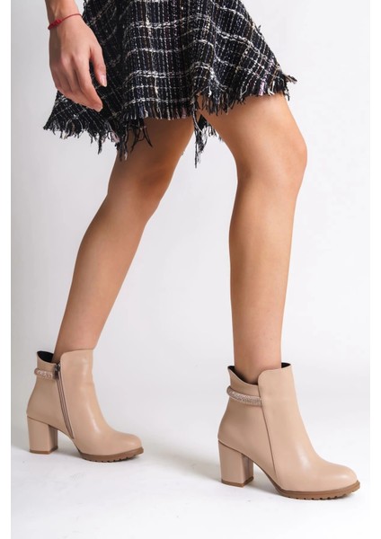 Lıa Fermuarlı Ortopedik Taban Taşlı Topuklu Kadın Bot Ctt - Ten